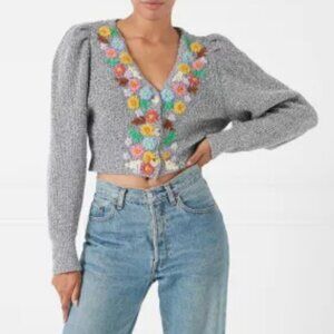 Celia B Redwood Embroidered Cardigan Grey Metallic Silver Floral Cropped Sweater